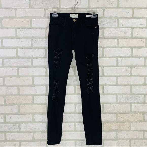 Frame Le Skinny de Jeanne Ripped Distressed Jeans in Film Noir Wash Size 24 - Picture 5 of 13